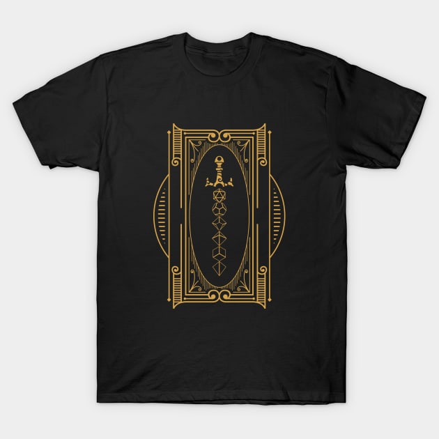 Polyhedral Dice Sword Golden Fantasy T-Shirt by pixeptional